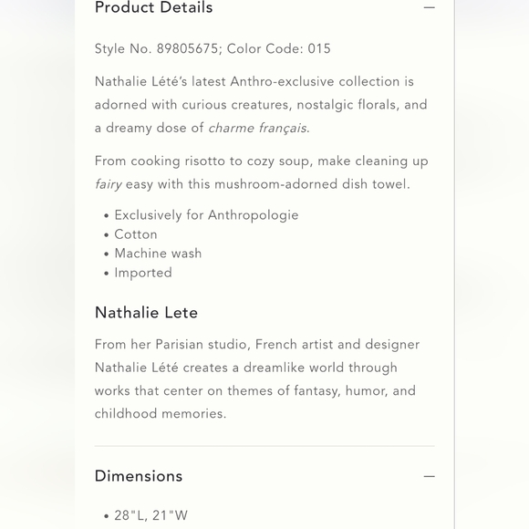 Natalie Lete Marais Mushroom Dish Towel -  cream, greens, browns - Picture 4 of 7